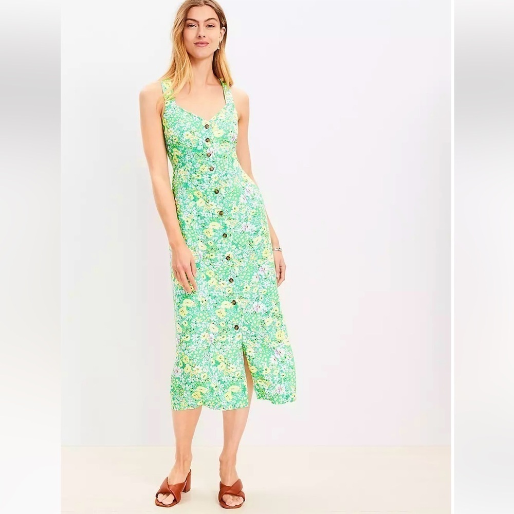 LOFT Floral Crossover Back Button Midi Dress size 6P